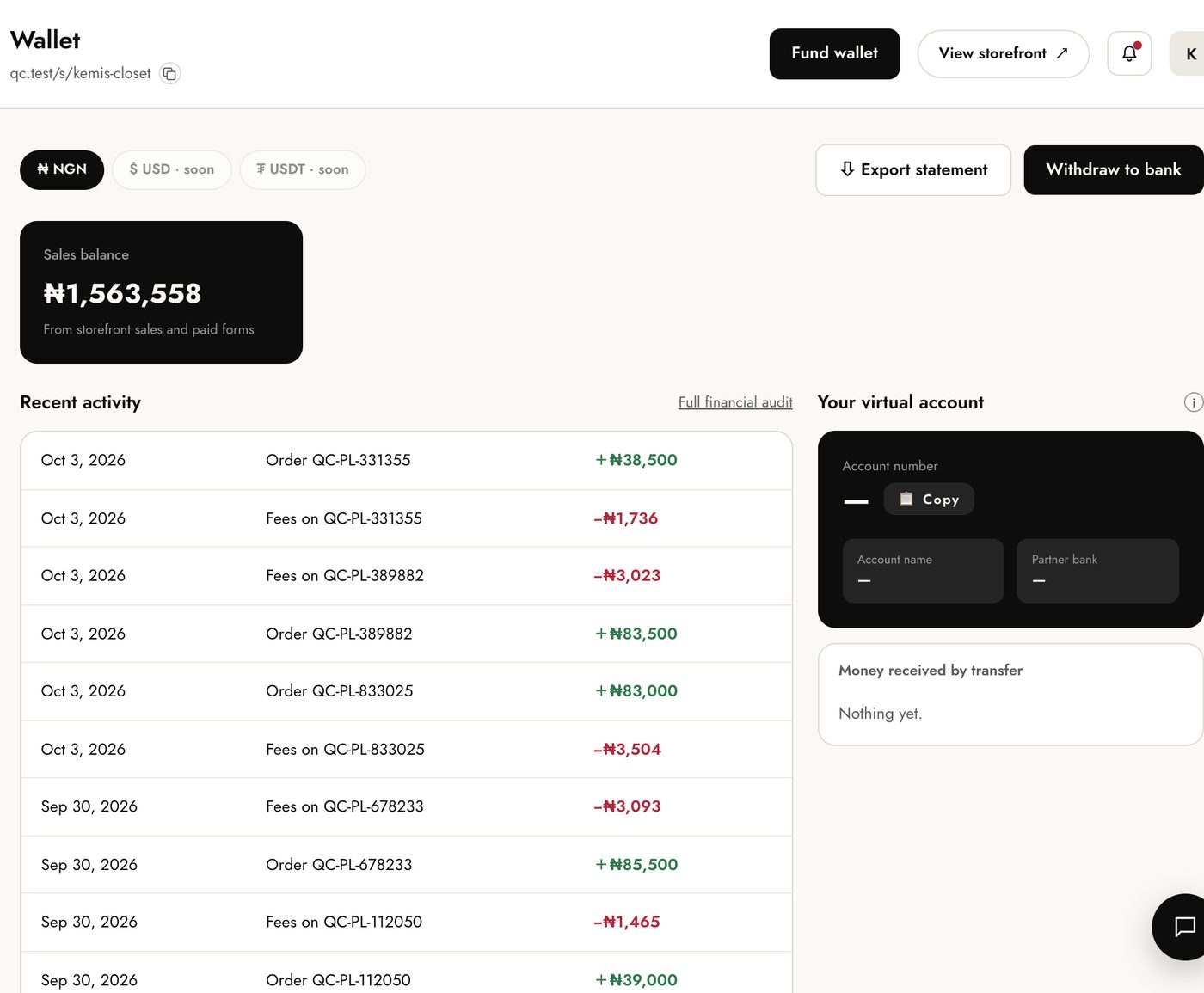 The wallet: sales balance and every payment and fee as it lands